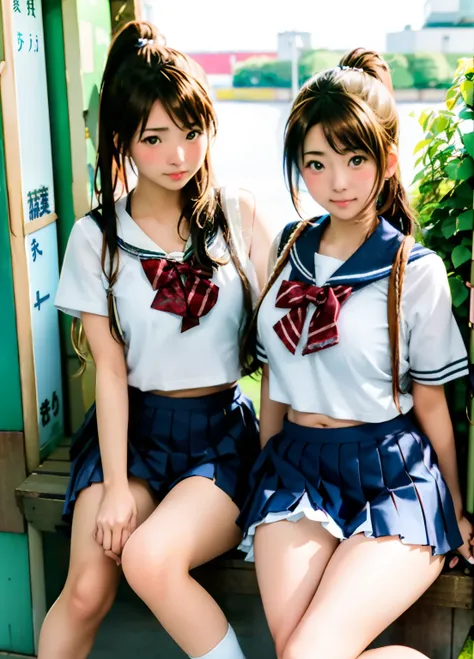 rialistic photo、Top image quality、White shorts、Beautiful pictures、Schoolgirl in sailor suit、a miniskirt、Two women sitting on a shelf, two japanese schoolgirls posing, knees up、girls resting, Stand your feet、White shorts、beautiful flaxen ponytail、Beautiful ...