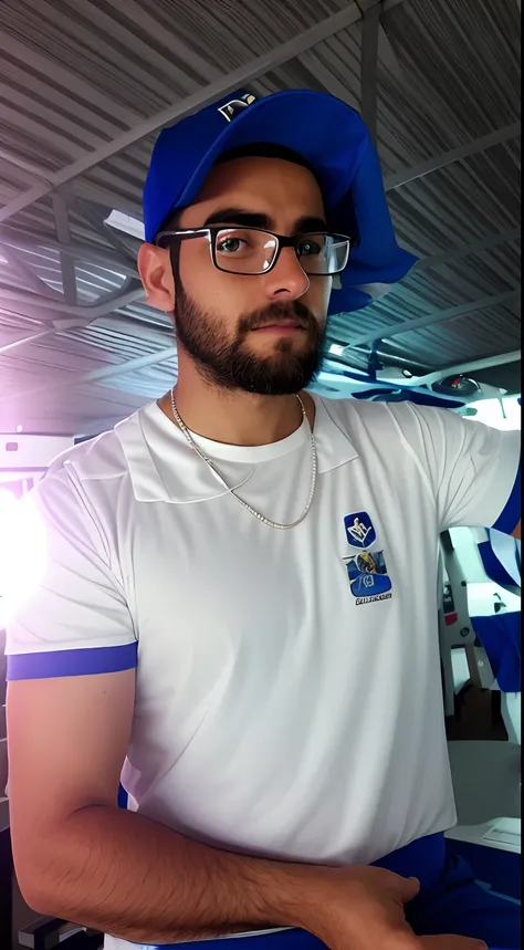 Theres a man whos like looking serious., em uma academia, trajes de astronauta!  com cara de  nerd! glasses! e cavanhaque, not cropped, he is! cerca de 3 0 anos de idade, 3 2 anos