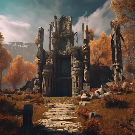 Ancient ruins with toppled pillars and walls covered in inscriptions, standing out in the natural environment of the forest with a throne in the middle where a skeleton in medieval clothes is sitting holding a sword --auto