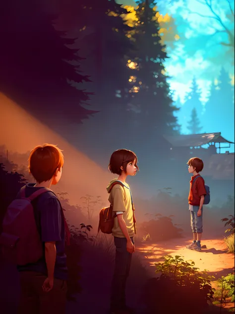 two children gaze at a tree in the forest，create an anime scene。(video game graphics，grotesque and nostalgic style，screenshot-li...