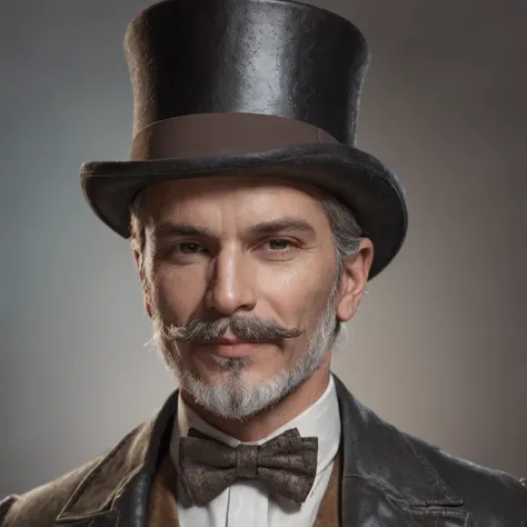 Obra maestra, realista Masculine Handsome Gentleman steampunk, Hipster man,  ellegant apuesto hombre con barba y bigotes de estilo, Front camera pose, Retrato completo, Edad Media, smiiling, Traje ellegante, Sombrero top hat, Steampunk style,  Arte digital...