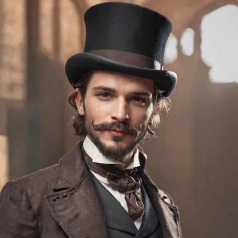 Obra maestra, realista Masculine Handsome Gentleman steampunk, Hipster man,  ellegant apuesto hombre con barba y bigotes de estilo, Front camera pose, Retrato completo, Edad Media, smiiling, Traje ellegante, Sombrero top hat, Steampunk style,  Arte digital...