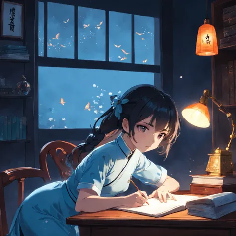 tmasterpiece，best qualtiy，A beautiful girl，Wearing a light blue cheongsam of the Republic of China（Student Clothing），night，Under the lamp（Orange light），she is sitting，Shes writing，There is a desk in front，There is a stack of books on the desk。There are two...