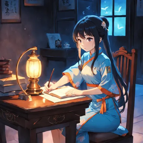 tmasterpiece，best qualtiy，A beautiful girl，Wearing a light blue cheongsam of the Republic of China（Student Clothing），night，Under the lamp（Orange light），she is sitting，Shes writing，There is a desk in front，There is a stack of books on the desk。There are two...