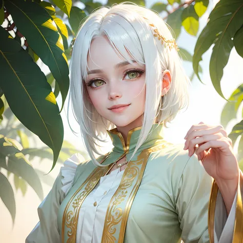 best quality, white hair, gold eyes, green clothes, looking up, upper body, hair strand, Fair skin, smiling