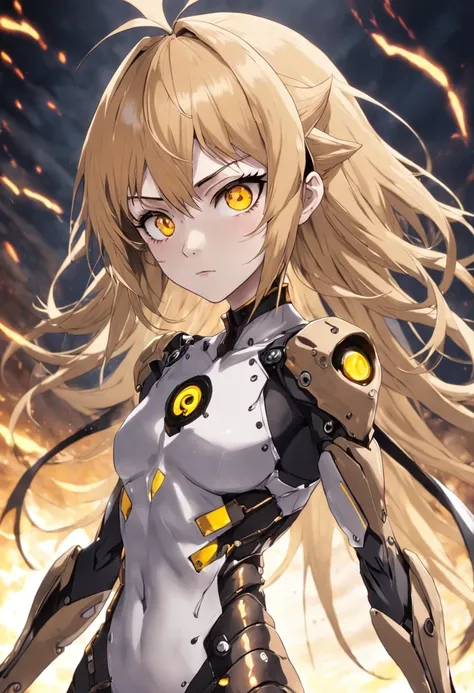 Genos is a cyborg, female, Mechanicalgirl ,alto,.,Seu rosto e orelhas se parecem com os de um ser humano normal, feitos de material de pele artificial, and his eyes have black sclera with yellow irises. She has spiky blonde hair and her eyebrows are blonde...