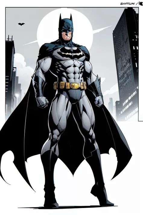 Generate an uncolored comic-style image of the character named Batman in full body, from head to toe, with no body parts cut off or extending beyond the frame. The image should have a comic book style, and Batmans iconic physical features, including his co...