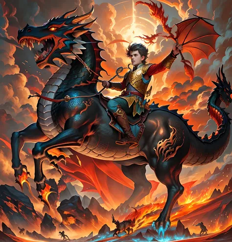 Portrait of a boy riding a dragon on horseback, Dragon Rider,Epic Evening Fantasy Digital Art Style, Dragon Ride, epic fantasy art style, Epic Fantasy Illustration, digital painting greek mythology, Childrens art in art, Rob Ray, epic fantasy style art, re...