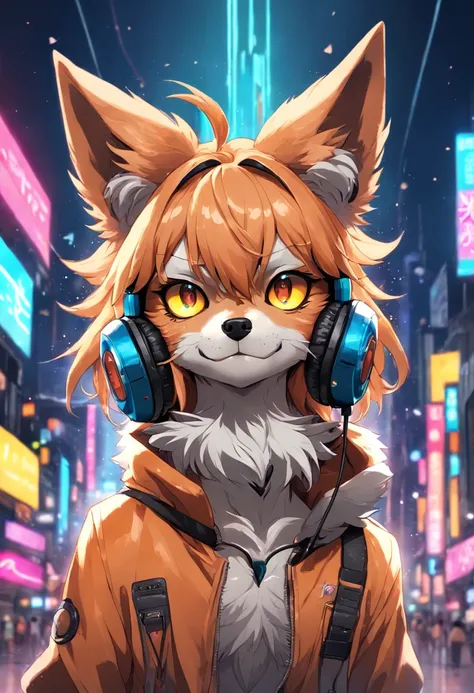 Anime-style image of a dog with headphones and a microphone, an anthropomorphic cyberpunk fox, Retrato de personagem peludo, badass anime 8 k, Gatilho Estilo de Arte de Anime, anime peludo, Arte peluda!!!, furafinidade peluda, commission on furaffinity, ar...