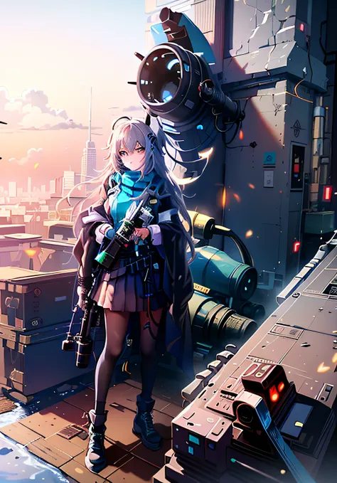 Anime girl with gun on boat deck，The background is a city, cyberpunk anime girl, female cyberpunk anime girl, from girls frontline, Digital cyberpunk anime art, Best anime 4k konachan wallpaper, girls frontline style, cyberpunk anime girl mech, m4 sopmod i...