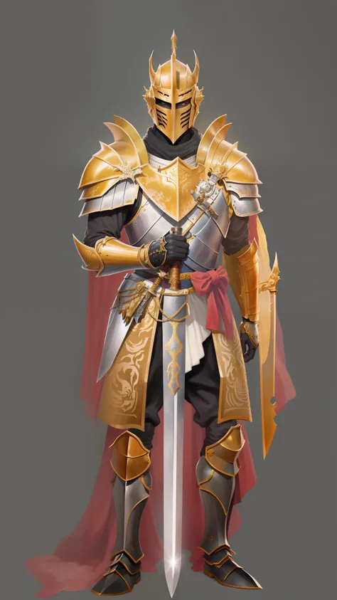 Portrait of a royal knight, armed with a sword and covered in golden armor.