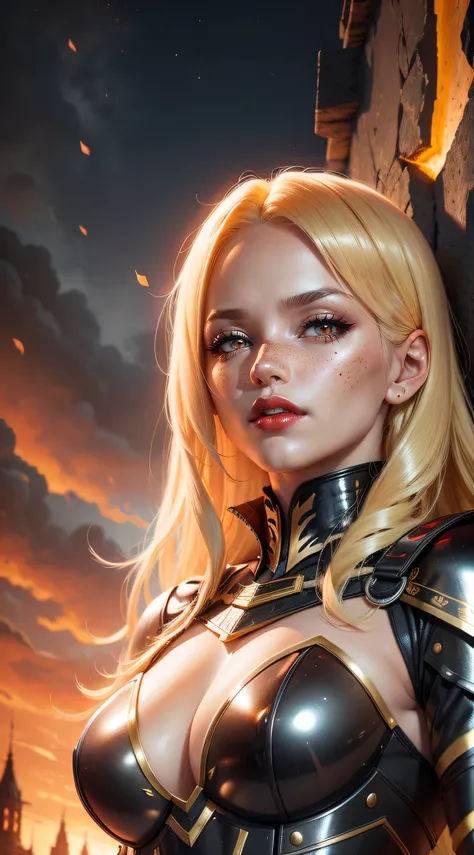 A women in a black armor with a gold skin in a burning sky, night, blond hair, a lot of freckles, red eyes glowing, red lips, combinaison latex