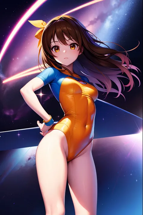 haruhi suzumiya, solo, superhero, leotard, bare legs, boots, standing, hands on hip, energy pulse, space backdrop