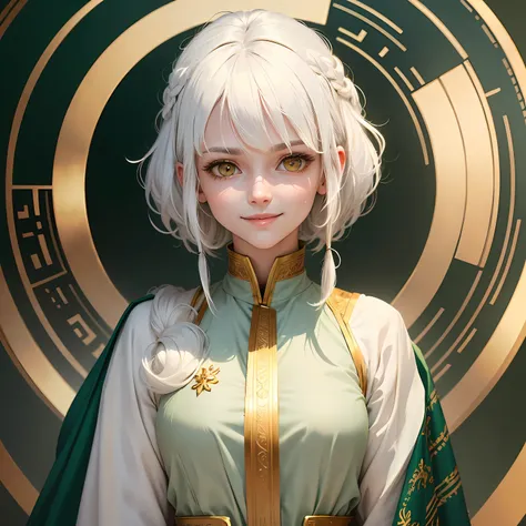 best quality, white hair, gold eyes, green clothes, looking up, upper body, hair strand, Fair skin, smiling