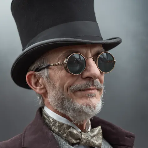 Obra maestra, realista Handsome Matture Gentleman steampunk, Hombre de barba hipster, Edad Media, smiiling, Traje de cuero muy elegante, ellegant, Madurez, Steampunk Sombrero decorado con gafas goggles,Top Hat, Arte digital 8K, Hombre pecador, Hombre impre...