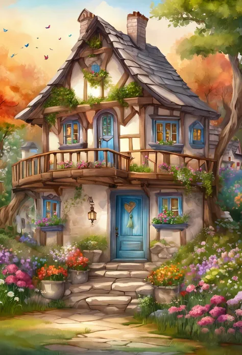 Close-up of the house with fairy tale doors and windows, flowery cottage, fantasy house, cottagecore，beatiful house, Cute detailed digital art, beautiful digital art, magical fairy background, detailed fantasy digital art, Very Beautiful Digital Art,  cott...