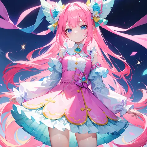 Colorful light background，long whitr hair，Has a bright pink-purple transparent gum texture，In pink、Wear it with blue and white clothes，Yellow and green ornaments with cyan accents，This is a very sweet and sweet loli girl