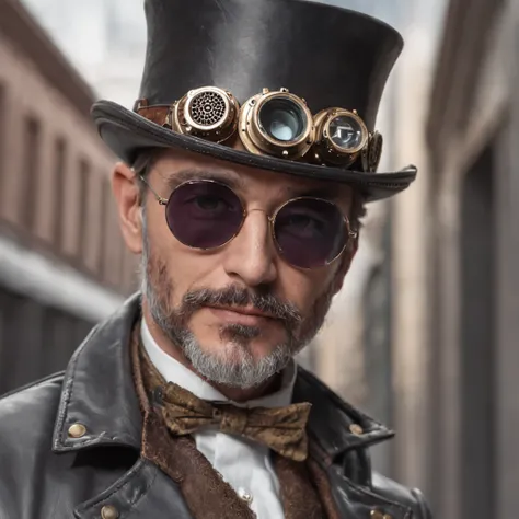 obra maestra, realista Handsome  Gentleman steampunk, apuesto Hombre de barba hipster, smiiling, Traje de lujo muy elegante, ellegant, Steampunk Sombrero decorado con gafas goggles,sombrero de copa, Arte digital 8K, Tatuado y musculoso, Hombre impresionant...