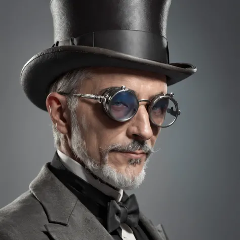 obra maestra, realista Handsome  Gentleman steampunk, apuesto Hombre de barba hipster, smiiling, Traje de lujo muy elegante, ellegant, Steampunk Sombrero decorado con gafas goggles,sombrero de copa, Arte digital 8K, Tatuado y musculoso, Hombre impresionant...