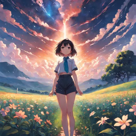 By Shinkai Makoto, Vast landscape photos , (a view from below that shows sky above and open field below), a girl standing on flower field looking up,  ( shooting stars:0.9), (nebulas:1.3), distant mountain, Tree Break Production Art, (Warm light source:1.2...