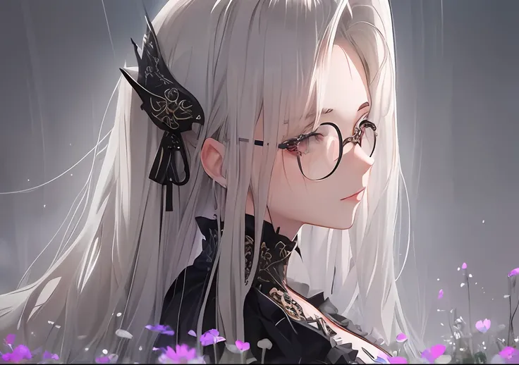 (​masterpiece),((top-quality)),(offcial art),(Beautiful and indulgent:1.2),(1girl in:1.3),((wears glasses)),Facial expressions that close the eyes,Small breasts,((Gray-haired beauty)),breasts are small、BREAK,Beautiful woman in gothic dress,Twin-tailed,Deta...