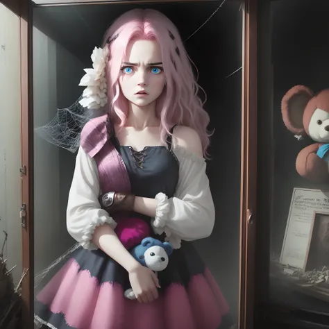 1girll, Pink hair, Blue eyes, (cowboy_Shot:1.2), Face focus, Long hair, side locks, Scared,(terrified:1.1) expression, holding teddy bear, Atmospheric lighting, Moody, Darkness, In an abandoned old museum, Clear glass display case full of interesting items...