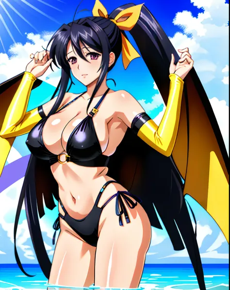 masterpiece, best quality, ultra-detailed, hires, beautiful, detailed hair and eyes,
1girl, black hair, long hair, ponytail, ribbon, breasts, large breasts, hair ribbon, very long hair, himejima akeno dxd, puple eyes,
slingshot swimsuit,
(symmetrical demon...