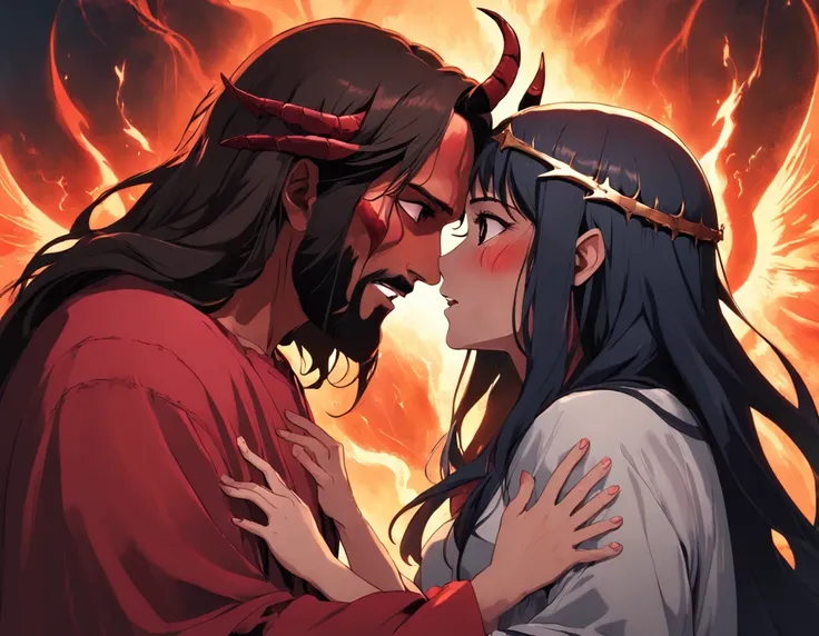 "Love scene between Jesus and the devil woman. A sensitive and intense manifestation of the conflict between good and evil, With a mysterious gloomy atmosphere. Highlight the facial expressions of the characters, Convey passion and tension. Dramatic lighti...