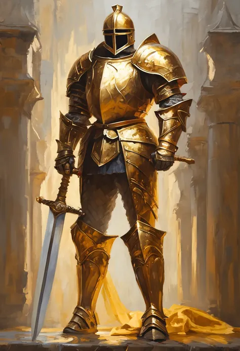 majestic royal knight dressed in golden armor, holding a sword with confidence and valor. The knight stands tall and strong against the backdrop of a magnificent castle, bathed in sunlight, showcasing the regality and power of the royal order. This high-de...