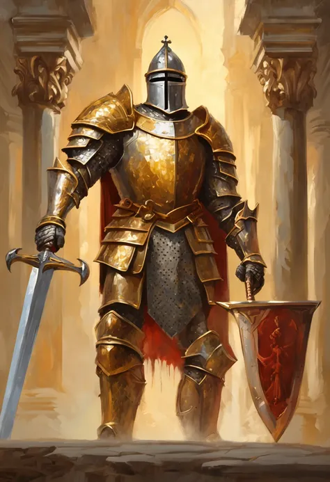 majestic royal knight dressed in golden armor, holding a sword with confidence and valor. The knight stands tall and strong against the backdrop of a magnificent castle, bathed in sunlight, showcasing the regality and power of the royal order. This high-de...