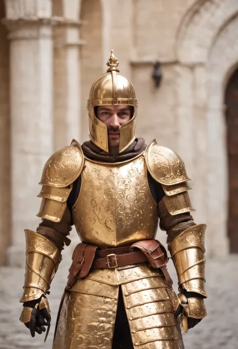 majestic royal knight dressed in golden armor, holding a sword with confidence and valor. The knight stands tall and strong against the backdrop of a magnificent castle, bathed in sunlight, showcasing the regality and power of the royal order. This high-de...