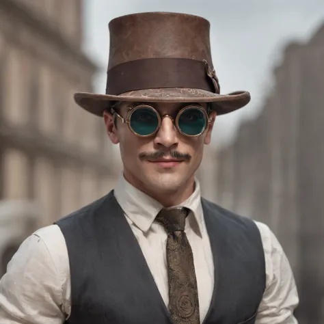 obra maestra, realista Handsome Gentleman steampunk, apuesto Hombre estilo hipster, Traje de cuero, costoso y de lujo muy elegante, Steampunk Sombrero decorado con gafas goggles,sombrero de copa, Arte digital 8K, Tatuado y musculoso, Hombre impresionante, ...