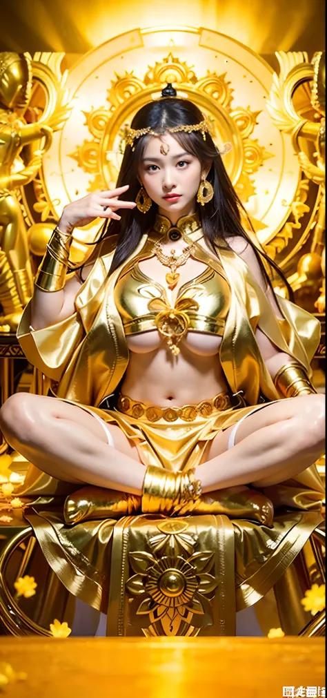 1girl in、top-quality、​masterpiece、超A high resolution、(Photorealsitic:1.4)、Raw photo、Deities々Goddess Sibit、（Face of 15 year old beautiful girl）、Straight long hair、glowy skin、Dramatic、（Golden See-Through Competition Swimwear）、（Golden transparent fluttering r...