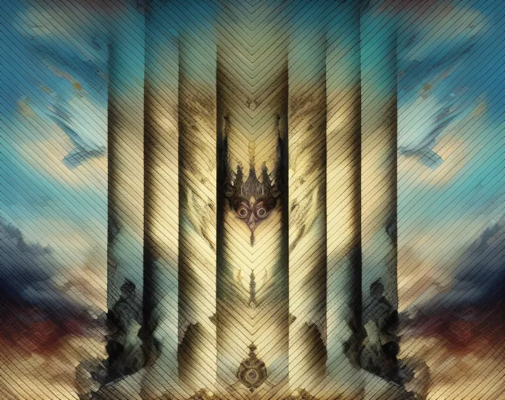 a painting of a large column with a sky background, symmetrical fantasy landscape, colunas marmorizadas, abstract occult epic composition, Symmetrical Baroque painting, barroco fractal, digital visionary art, tecido ondulante da realidade, inspirado em Dan...