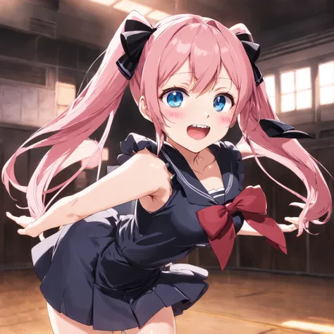 Best Quality, (Masterpiece:1.2), Detailed, Fujiwara Chika (Kaguya-sama), 1girl, 独奏, open mouth, Smile, pink hair, blue eyes, hairlong, school uniform, Black sexy dress, Hair Bow, black bow, red ribbon, Standing, hands together, looking at the viewer, Class...