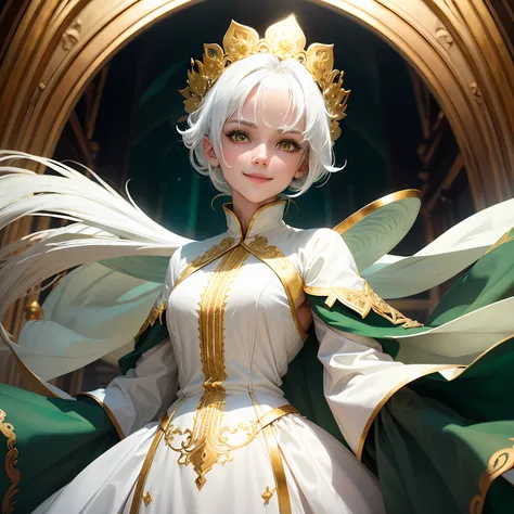 best quality, white hair, gold eyes, emerald green clothes, looking up, upper body, hair strand, Fair skin, smiling