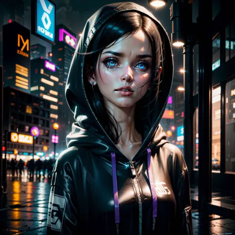 solo, a beauty woman，cyberpunk，hoodie with cyberpunk features, sparkle eyes, blue pupils, perfect eyes, black hair, rainy cyber punk city parking lot , thin gap, portrait 35 mm, detailed bokeh background, high resolution, 8k