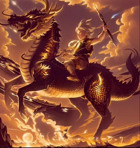 The boy rides a dragon with a spear in his hand.., Dragon Rider, Dragon Ride, Dragon Riding Boy, epic fantasy digital art style, epic fantasy art style, Fat vs Dragons. passenger, by Shitao, dragon girl, Joe Biden rides a dragon, by Yang J, detailed cover ...