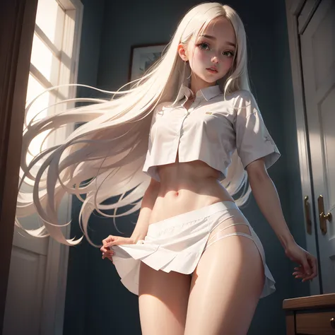 Long hair mini skirt beautiful in beautiful white shirt underwear