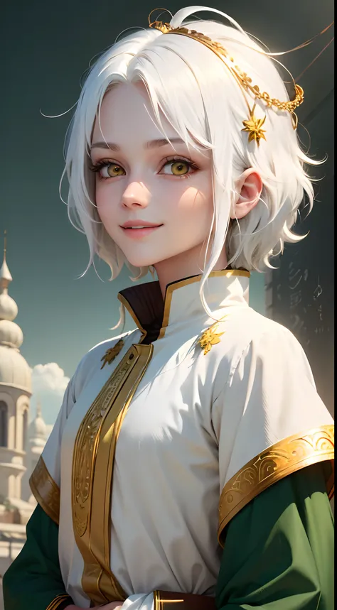 best quality, white hair, gold eyes, green clothes, looking up, upper body, hair strand, Fair skin, smiling