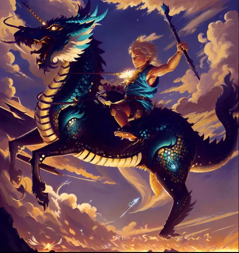 The boy rides a dragon with a spear in his hand.., Dragon Rider, Dragon Ride, Dragon Riding Boy, epic fantasy digital art style, epic fantasy art style, Fat vs Dragons. passenger, by Shitao, Dragon Boy, Joe Biden rides a dragon, by Yang J, detailed cover a...