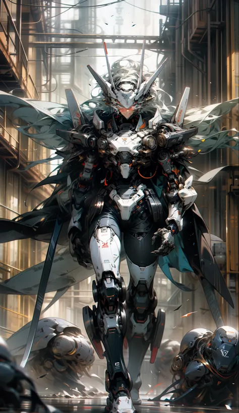 male people，Tall mech，Silver-white body，Black and white，Use the plasma sword，There is a dragon particle effect，Yin and Yang gossip，Formation，mechanical sense，sense of strength，Sense of space，combats，cyber punk perssonage，Human body modification，Structurall...