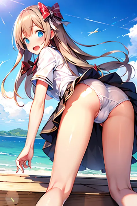 Masterpiece, best quality, Yukka Ende, ((blush, embarrassed)), open mouth, outside, day, ocean, perfect lighting, (red small hair bows), shiny blue eyes, 1girl, solo, no skirt, middle chest, realistic white panties, wet, (crotch seam, cameltoe, pantyshot),...