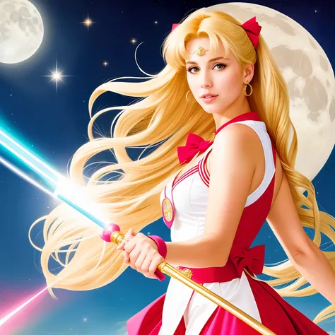 "(Mature and realistic depiction:1.2) Sailor Moon confidently wielding the Moon wand, her flowing blonde hair, dressed in trendy 2000s fashion."