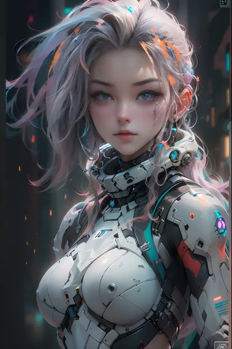 ((Best quality)), ((masterpiece)), (detailed:1.4), photograph of a beautiful cyberpunk female, (wearing smooth organic tech armor), (long shapeless multicolor hair), big breasts, ((extreme close-up portrait)), (facing viewer), (Depth-of-field), Octane Rend...