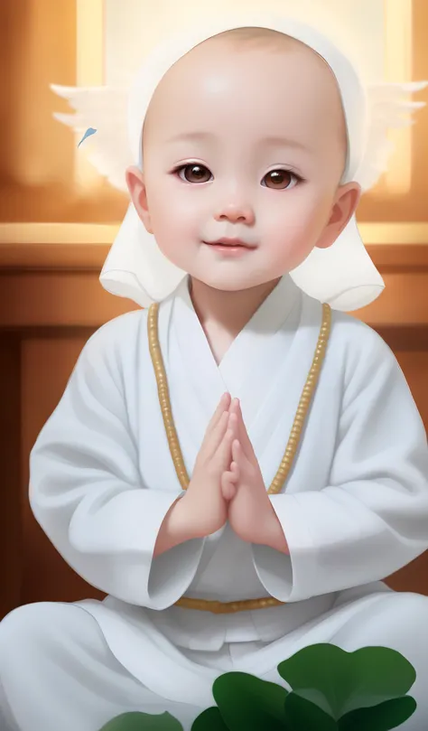 Close up portrait of child in white robe sitting at table, Adorable Digital Painting, he is greeting you warmly, blessing hands, yangjun chen, Cute digital art, fanart, Yan, Cai Xukuns, young wan angel, Cute Portrait, cute detailed digital art, Little boy ...