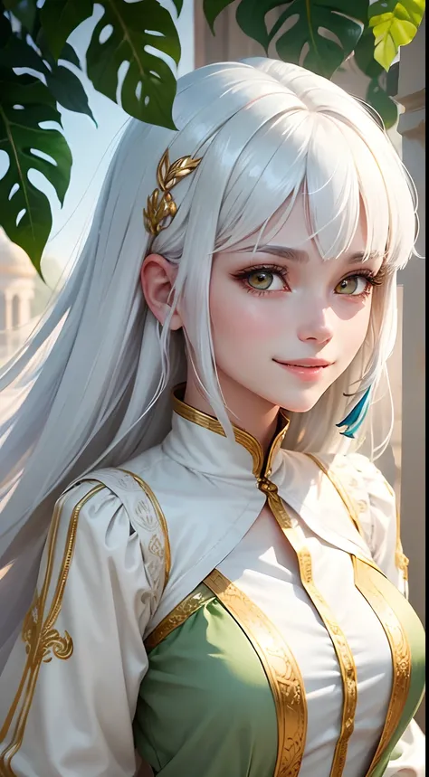 best quality, white hair, gold eyes, green clothes, looking up, upper body, hair strand, Fair skin, smiling