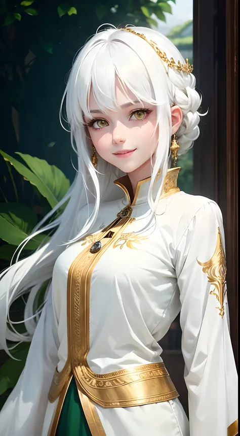 best quality, white hair, gold eyes, green clothes, looking up, upper body, hair strand, Fair skin, smiling