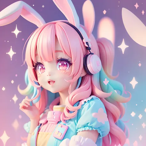 (tchibi, kawaiitech, kawaii, Cute, Pastel colors, Best quality, Happy rabbit ears, pink hair, pink eyes)