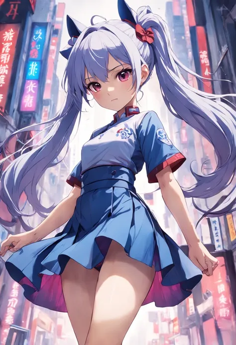 high detal，high high quality，A high resolution，Keqings personality, the original god, Electronic, white  clothes, Purple double ponytail，Short blue skirt with hips，Beth，leg loops，ssmile，Place one hand behind your back，Be red in the face，flatchest，Above Kne...